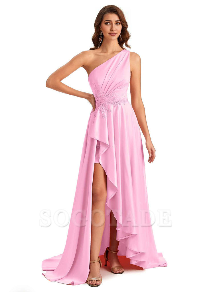 Sexy One Shoulder A-Line High Low Silky Satin Lace Long Formal Wedding Guest Dresses