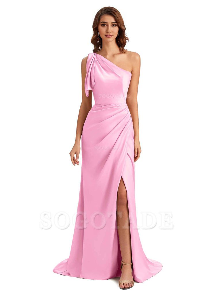 Sexy One Shoulder Mermaid Side Slit Unique Silky Satin Bridesmaid Dresses 
