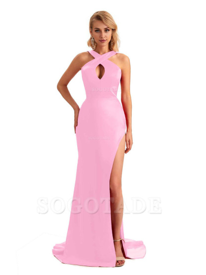 Sexy Side Slit Halter Mermaid Silky Satin Unique Long Formal Wedding Bridesmaid Dresses