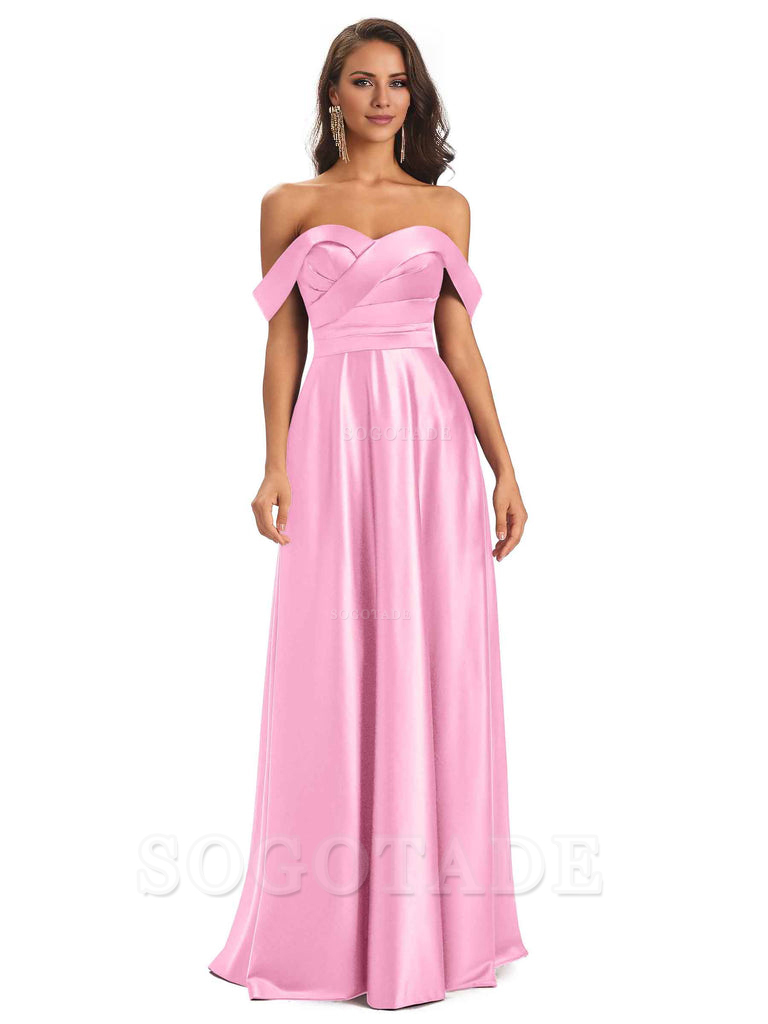 Sexy Soft Satin Off The Shoulder A-Line Long Bridesmaid Dresses Elegant Evening Party Dress