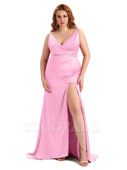 Sexy Side Slit Spaghetti Straps Mermaid Soft Satin Fashion Bridesmaid Dresses