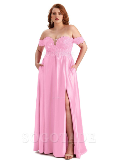 Off Shoulder Side Slit Mermaid Silky Satin Unique Long Formal Wedding Guest Dresses Online