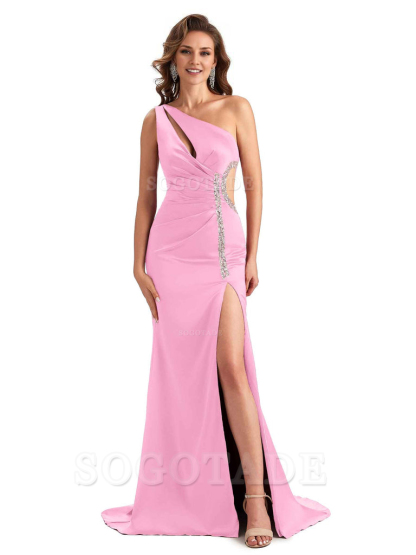 Sexy Side Slit Mermaid Soft Satin One Shoulder Lace Long Bridesmaid Dresses