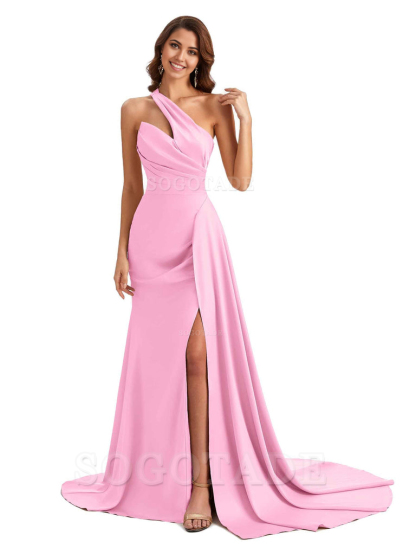 Mermaid One shoulder Satin formal dresses evening gown Bridesmaid Dresses With Side Slit 