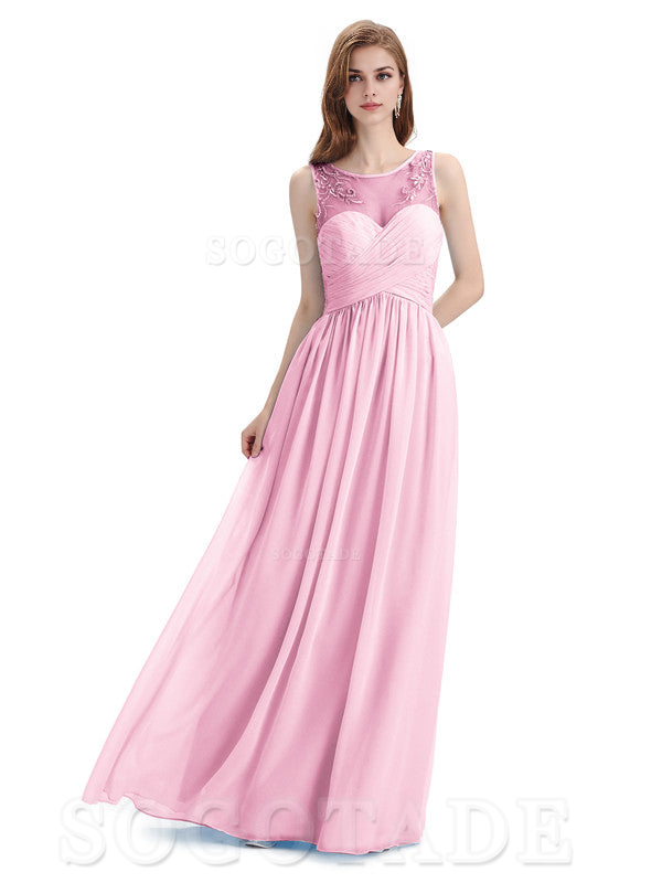 Elegant A-Line Chiffon Sleeveless Ruched Long Simple Bridesmaid Dresses Formal Women's Dresses Wedding Guests Dresses