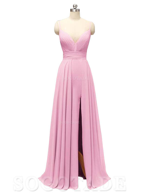 Honest Chiffon Spaghetti Straps Slit Long Bridesmaid Dresses prom shop dresses