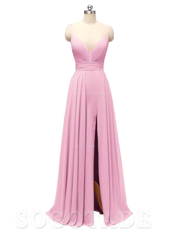 Honest Chiffon Spaghetti Straps Slit Long Bridesmaid Dresses prom shop dresses
