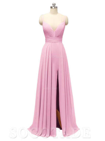 Honest Chiffon Spaghetti Straps Slit Long Bridesmaid Dresses prom shop dresses