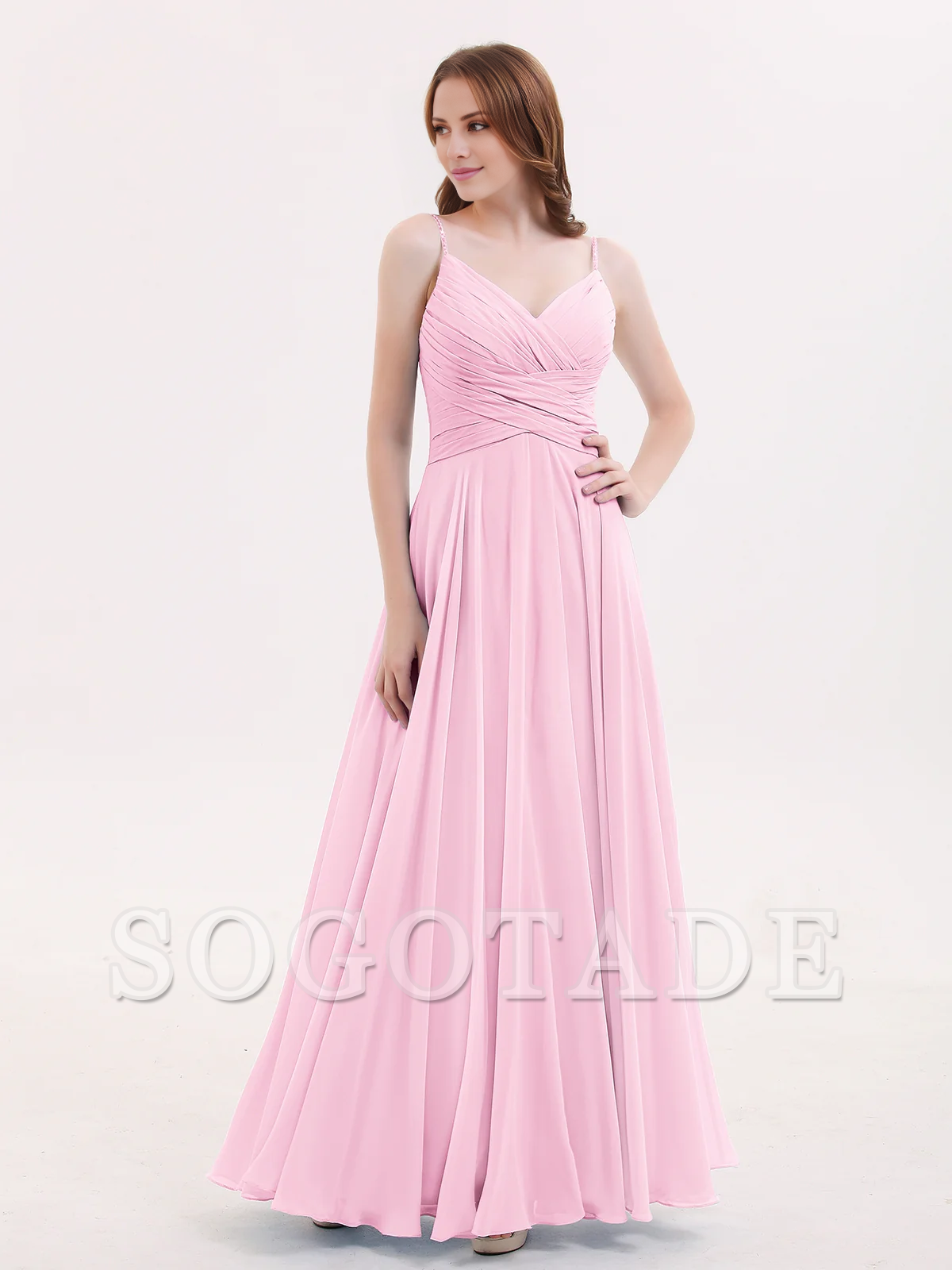 V-neck Fine Shoulder Strap Floor Length Chiffon Bridesmaid Dresses Online
