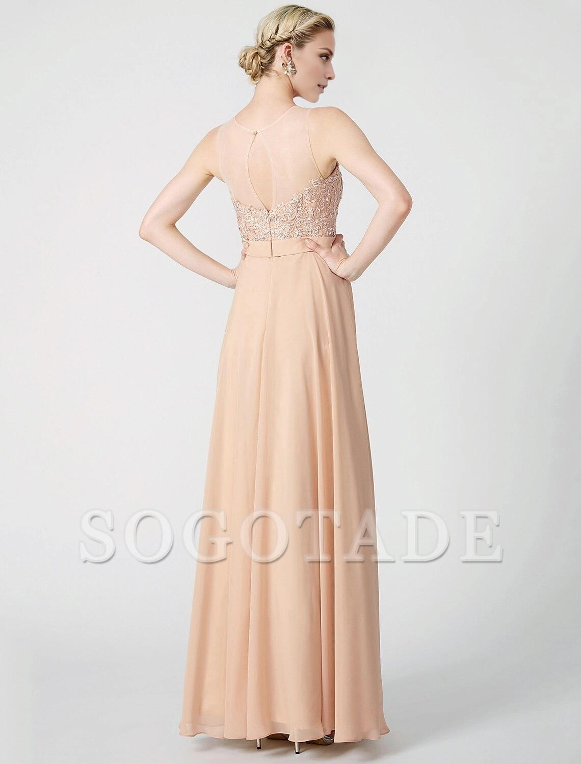 A-Line Classic & Timeless Keyhole Pastel Colors Holiday Cocktail Party Prom Dress Illusion Neck Sleeveless Floor Length Chiffon Beaded Lace with Pleats Appliques-SOGOTADE