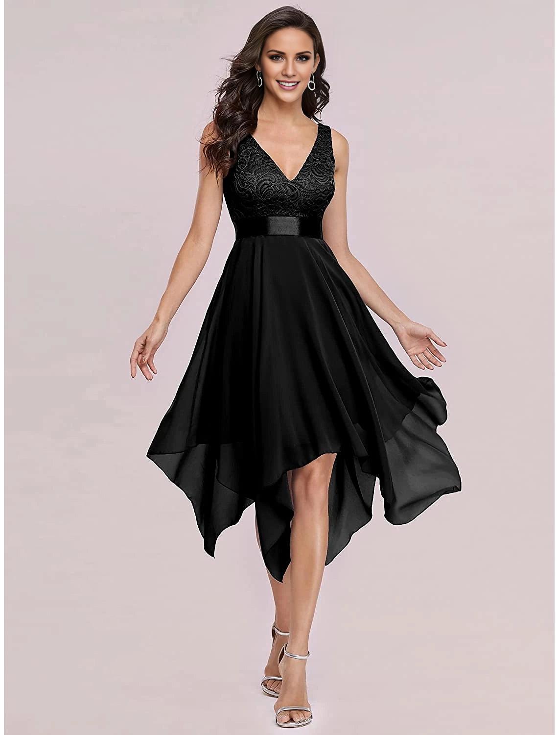 A-Line Cocktail Dresses Party Dress Homecoming Wedding Guest Asymmetrical Sleeveless V Neck Chiffon V Back with Pure Color Splicing-SOGOTADE
