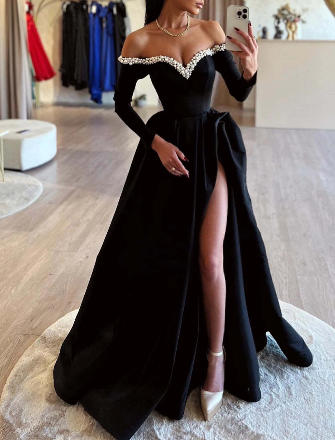 A-Line Evening Gown Black Dress Dress Formal Masquerade Sweep / Brush Train Long Sleeve Off Shoulder Satin with Pearls Slit 2024-SOGOTADE