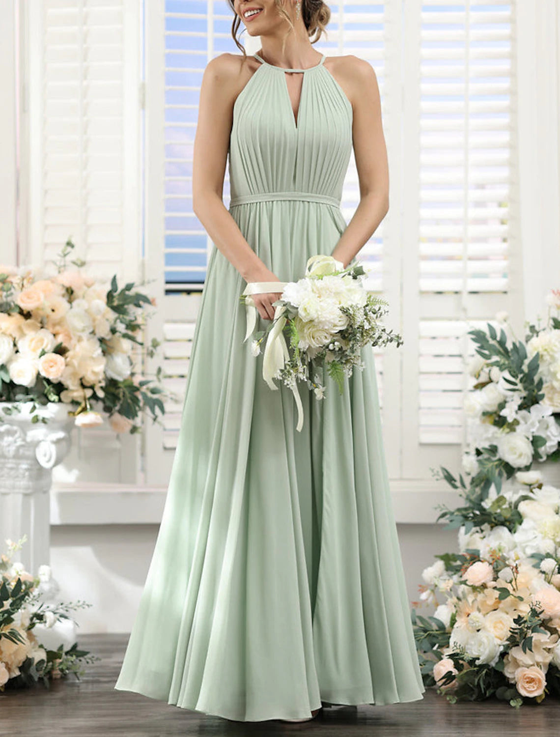 A-Line Bridesmaid Dress Halter Short Sleeve Elegant Floor Length Chiffon with Split Front / Ruching-SOGOTADE