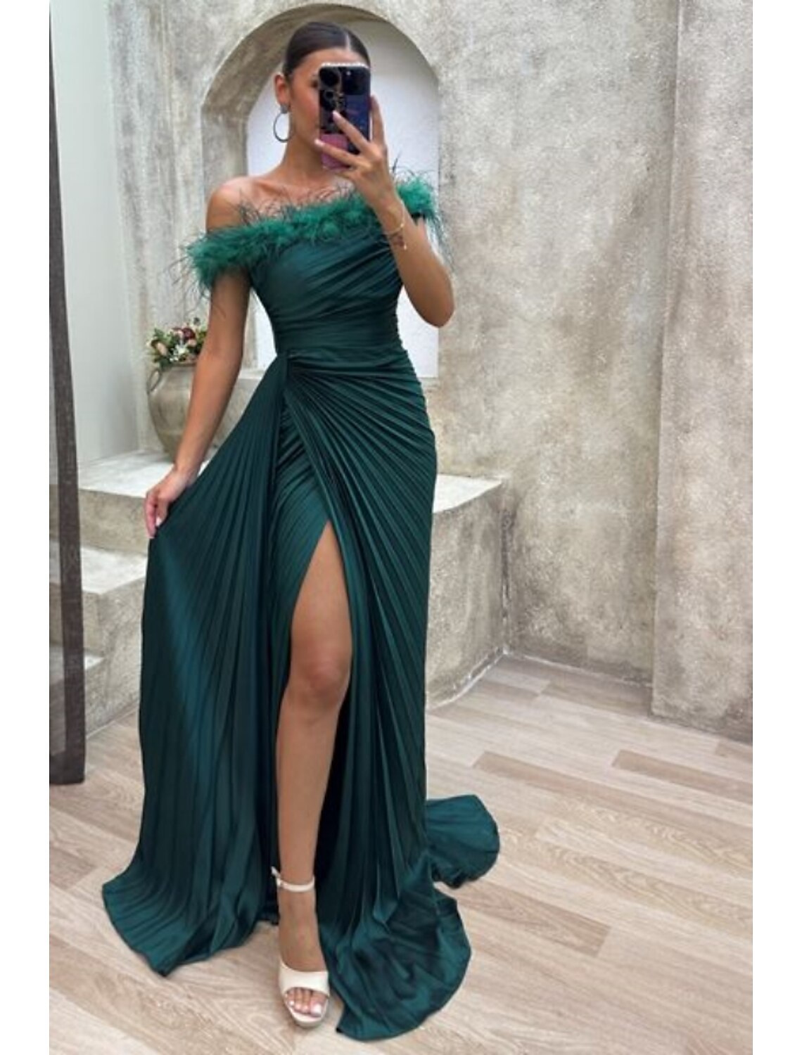 A-Line Black Evening Gown High Split Dress Formal Fall Sweep / Brush Train Sleeveless Off Shoulder Satin with Feather Pleats Slit-SOGOTADE