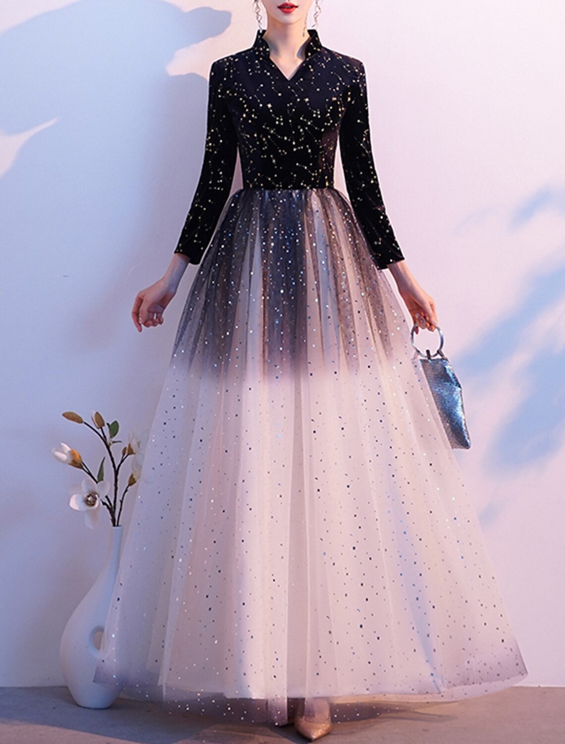 A-Line Glittering Elegant Prom Formal Evening Dress Queen Anne Long Sleeve Floor Length Tulle with Sequin 2024-SOGOTADE