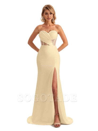 Sexy Sweetheart Strapless Side Slit Mermaid Soft Satin Unique Long Bridesmaid Dress For Wedding