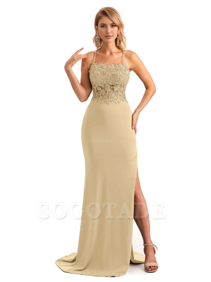 Sexy Side Slit Spaghetti Straps Open Back Mermaid Lace Applique Long Formal Bridesmaid Dresses