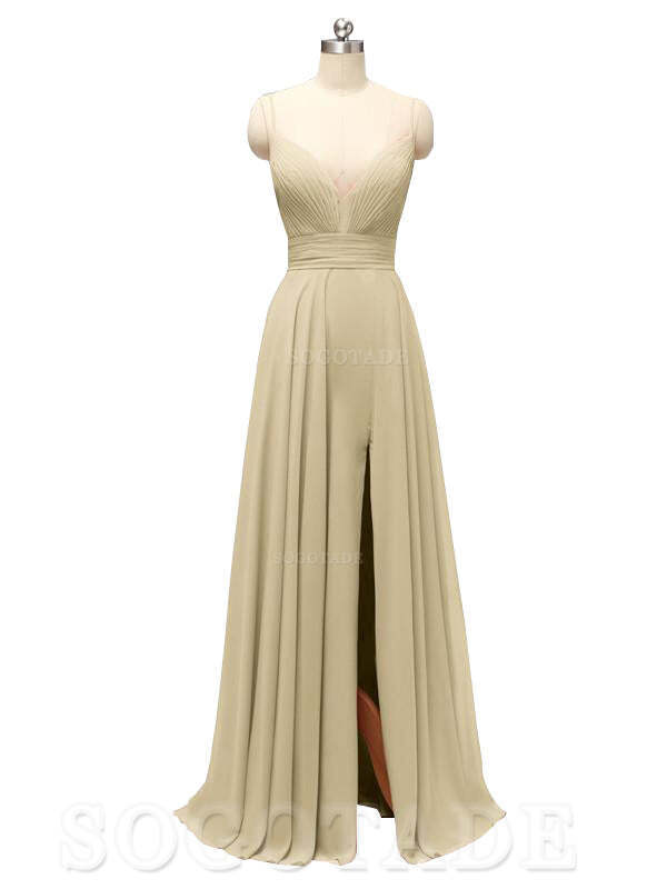 Honest Chiffon Spaghetti Straps Slit Long Bridesmaid Dresses prom shop dresses