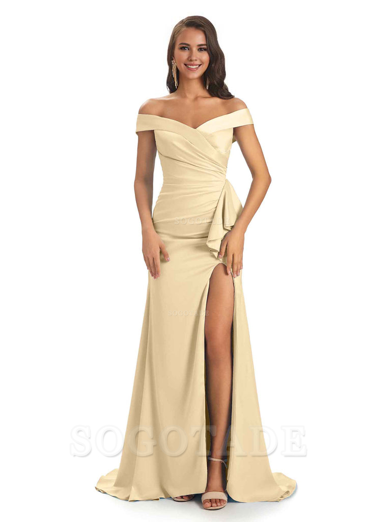 Sexy Soft Satin Side Slit Off The Shoulder Maxi Long Mermaid Bridesmaid Dresses prom shop dresses
