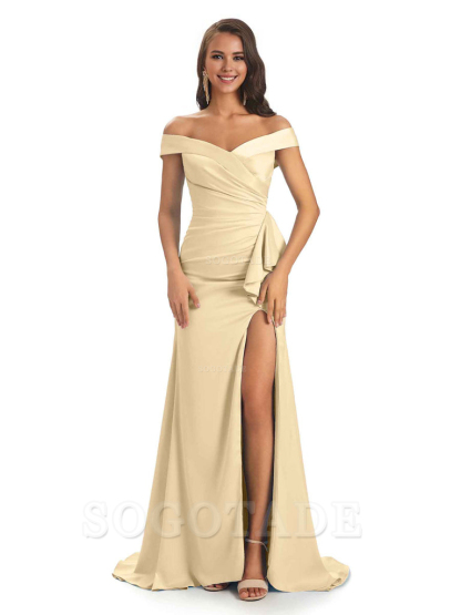 Sexy Soft Satin Side Slit Off The Shoulder Maxi Long Mermaid Bridesmaid Dresses prom shop dresses