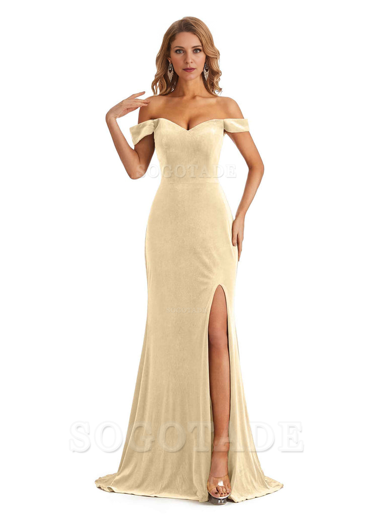Elegant Simple Mermaid Off The Shoulder Backless Side Slit Velvet Long Charming Bridesmaid Dresses Formal Women's Dresses Wedding Guests Dresses