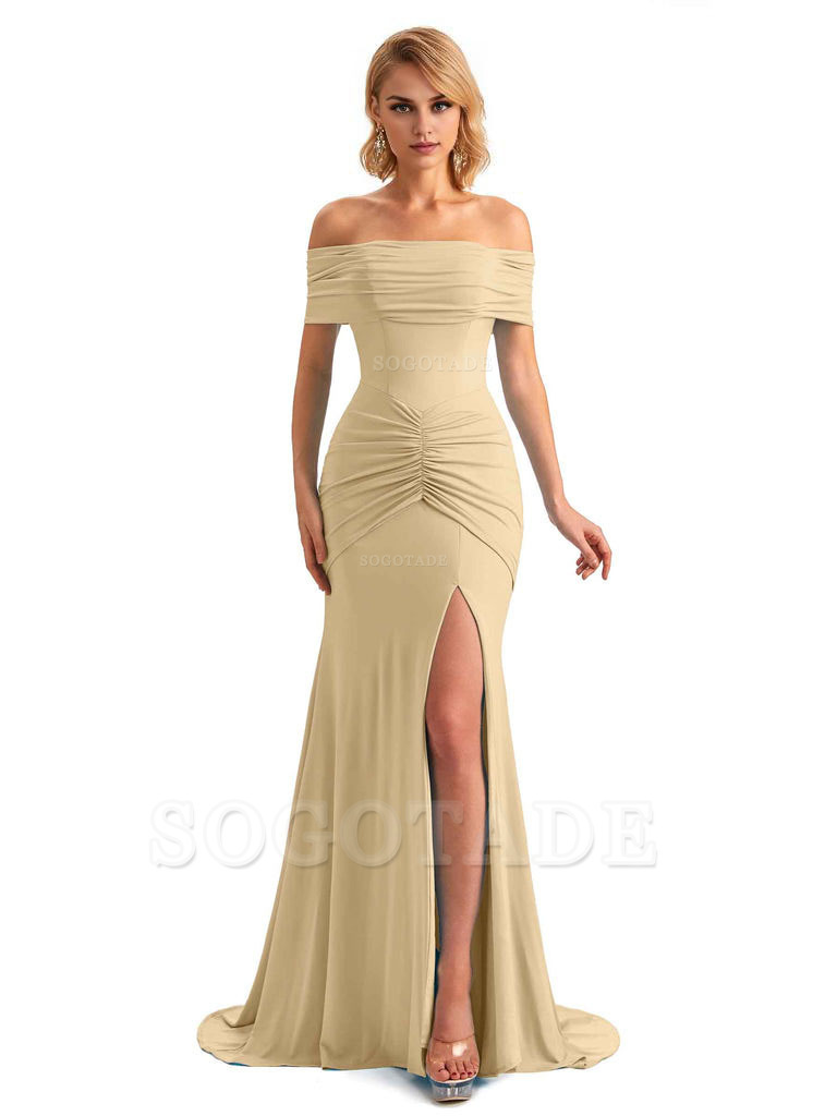 Elegant Mermaid Off The Shoulder Side Slit Stretchy Jersey Long Formal Bridesmaid Dresses