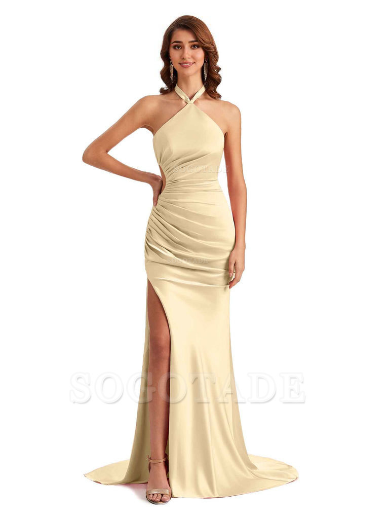 Sexy Halter Mermaid Silky Satin Unique Long Formal Wedding Guest Dresses