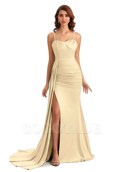 Sexy Spaghetti Straps Side Slit Mermaid Unique Long Bridesmaid Dresses In Satin