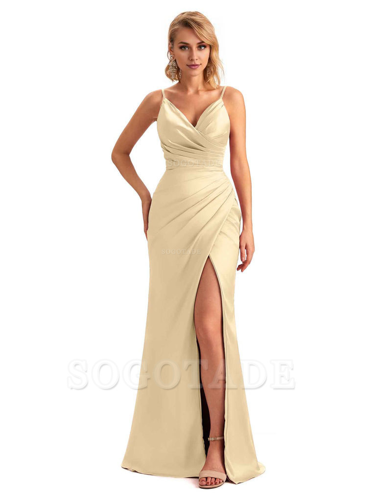 Sexy Side Slit V-Neck Mermaid Silky Satin Unique Long Formal Ladies Bridesmaid Dresses