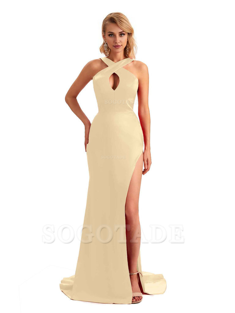 Sexy Side Slit Halter Mermaid Silky Satin Unique Long Formal Wedding Bridesmaid Dresses