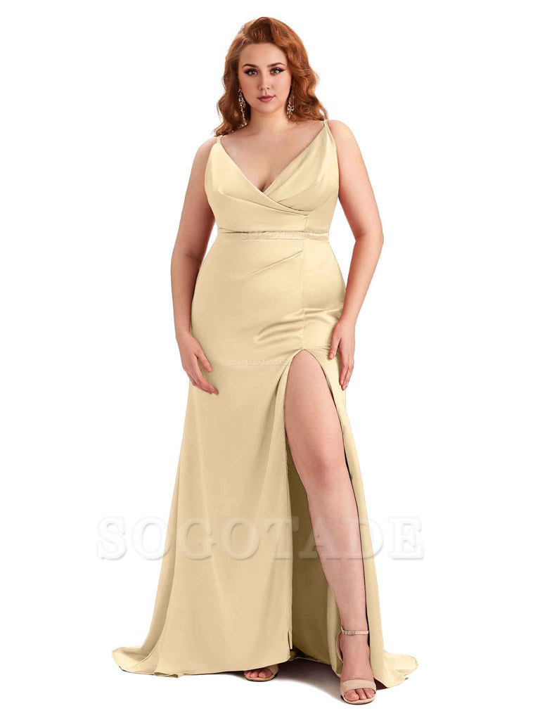Sexy Side Slit Spaghetti Straps Mermaid Soft Satin Fashion Bridesmaid Dresses
