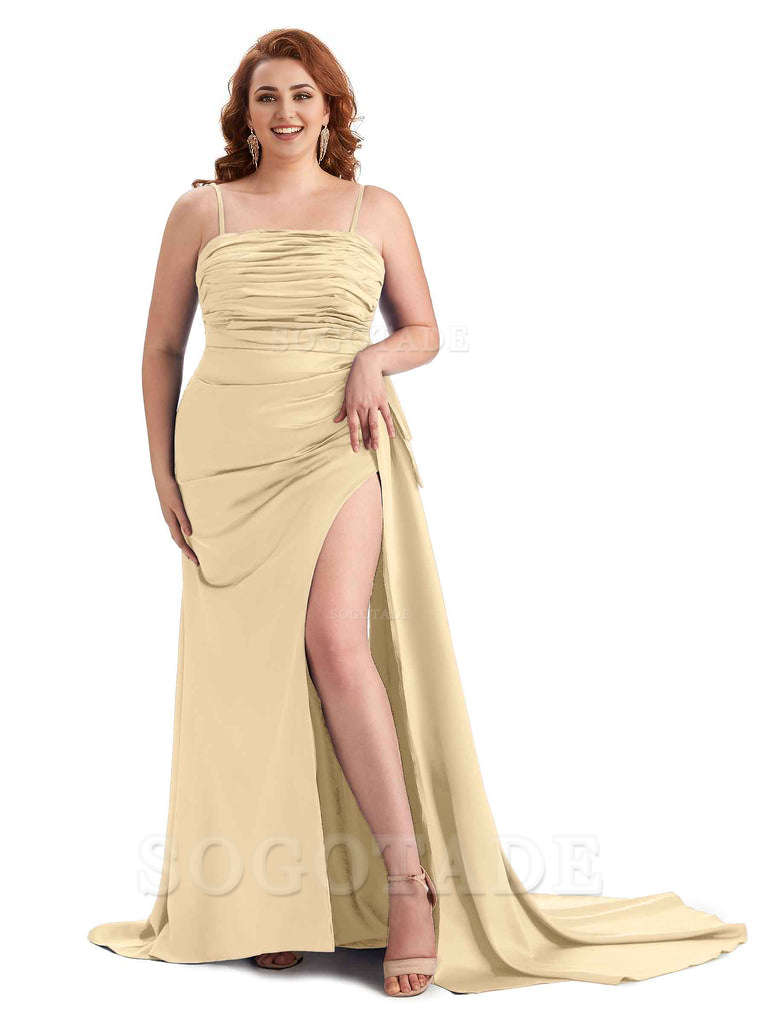 Sexy Side Slit Spaghetti Straps Mermaid Soft Satin Long Plus Size Bridesmaid Dresses Online