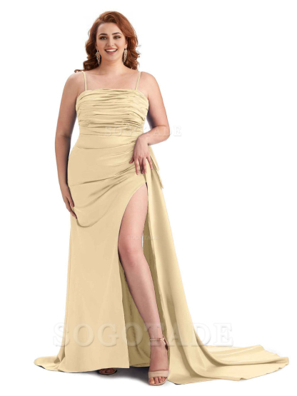 Sexy Side Slit Spaghetti Straps Mermaid Soft Satin Long Plus Size Bridesmaid Dresses Online