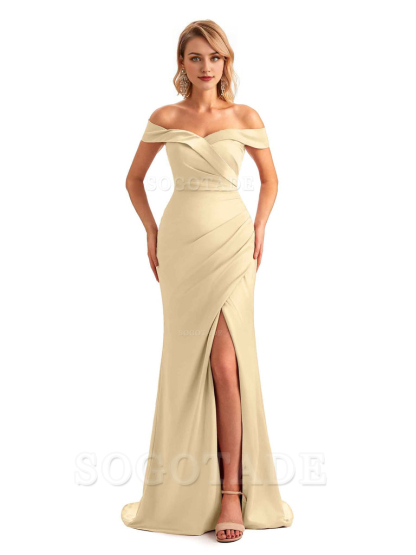 Off Shoulder Side Slit Mermaid Silky Satin Unique Long Formal Wedding Guest Dresses Online
