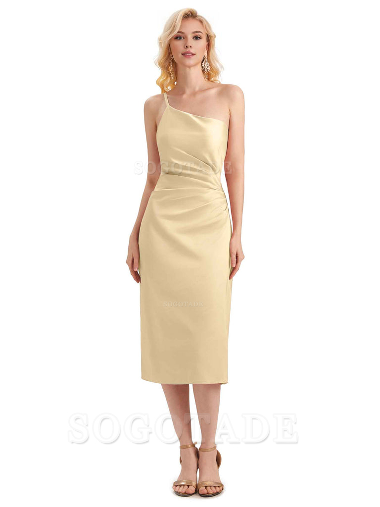 Sexy Soft Satin Side Slit One Shoulder Satin Midi Bridesmaid Dresses Online