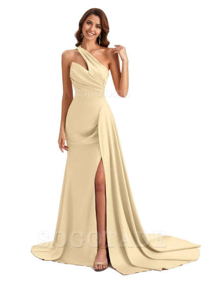 Mermaid One shoulder Satin formal dresses evening gown Bridesmaid Dresses With Side Slit 