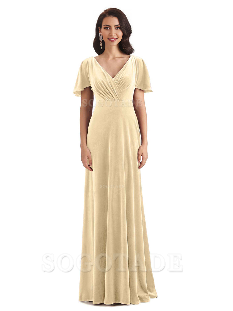 V-Neck Sexy See Through Short Sleeves Lace up Velvet Long Bridesmaid Dresses Formal Women's Dresses Wedding Guests Dresses