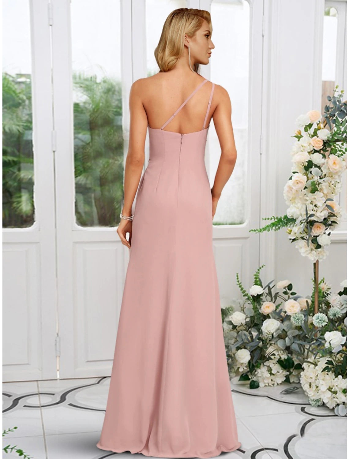A-Line Bridesmaid Dress One Shoulder Sleeveless Elegant Floor Length Chiffon with Split Front / Ruching-SOGOTADE