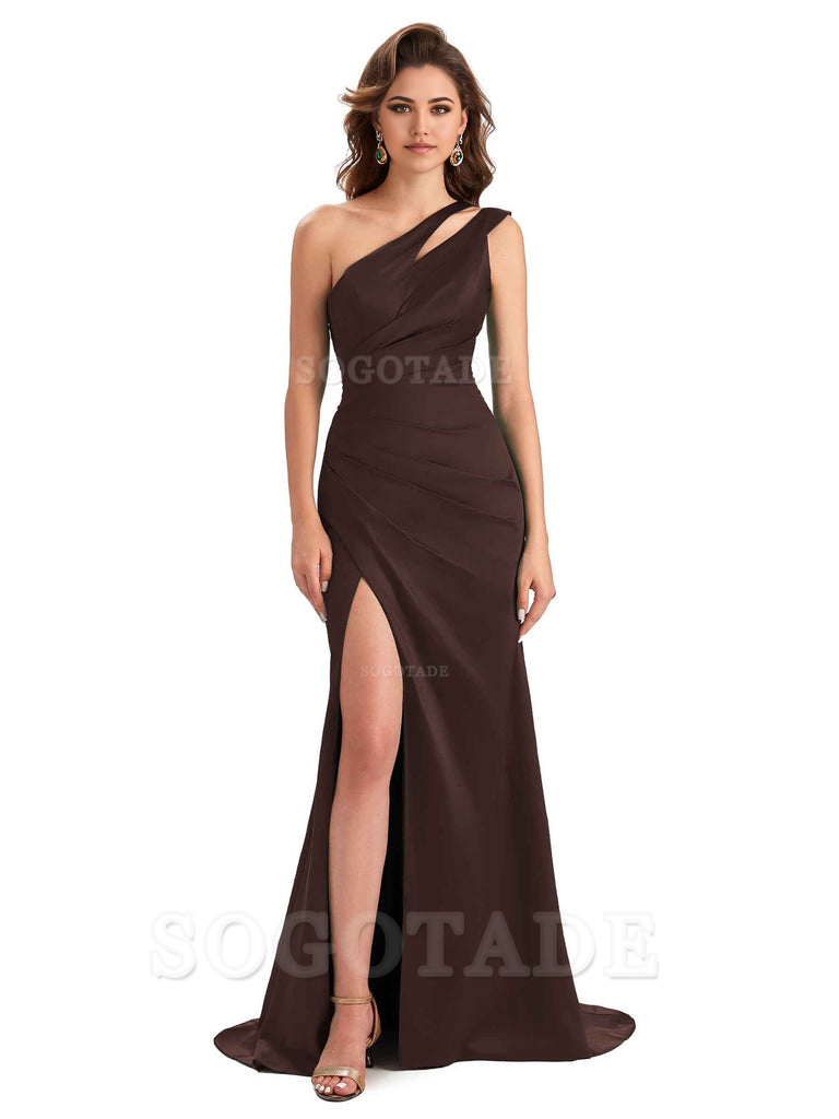 Mermaid One Shoulder Satin Sexy formal dresses evening gown Bridesmaid Dresses With Side Slit 