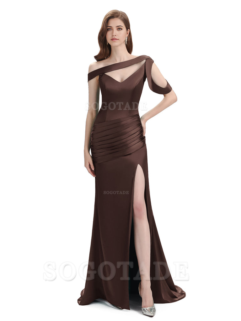 Mermaid V-Neck Satin Floor-Length formal dresses evening gown Bridesmaid Dresses With Side Slit 
