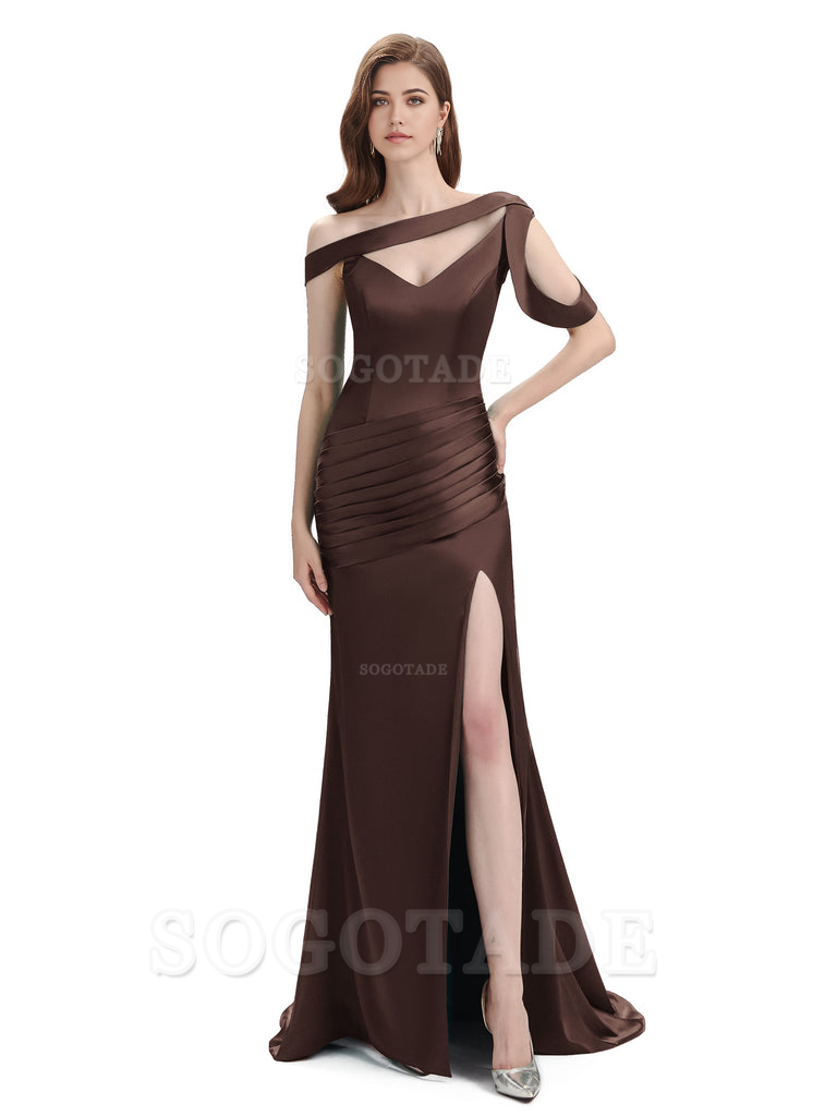 Mermaid V-Neck Satin Floor-Length formal dresses evening gown Bridesmaid Dresses With Side Slit 
