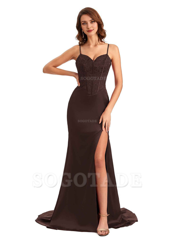 Sexy Side Slit Mermaid Silky Satin V-Neck Lace Unique Long Bridesmaid Dresses