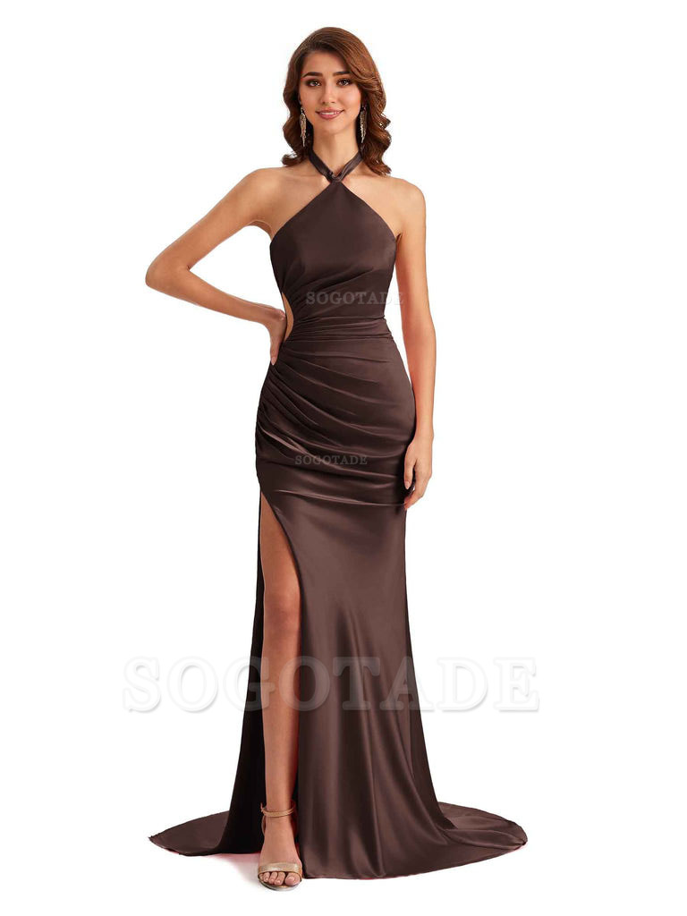 Sexy Halter Mermaid Silky Satin Unique Long Formal Wedding Guest Dresses