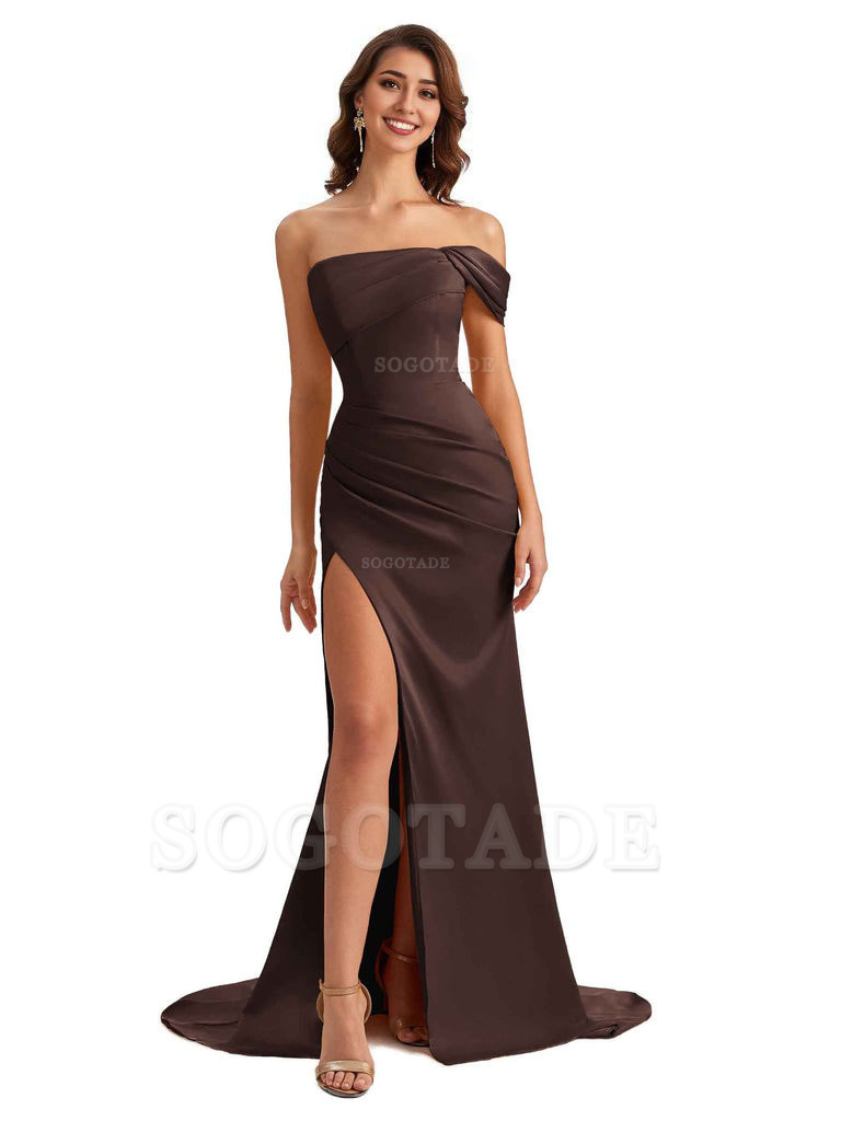 Unique One Shoulder Side Slit Satin Long Formal Dresses For Bridesmaid Dresses