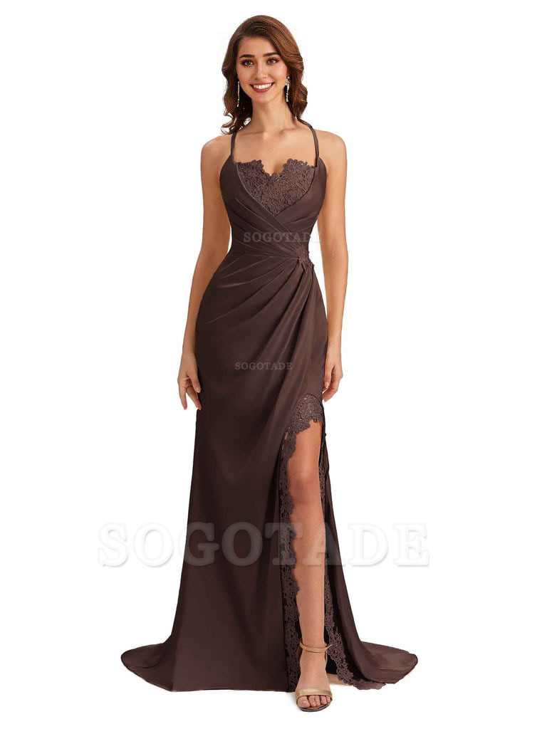 Sexy Side Slit Spaghetti Straps Lace Mermaid Silky Satin Wedding Guest Dresses