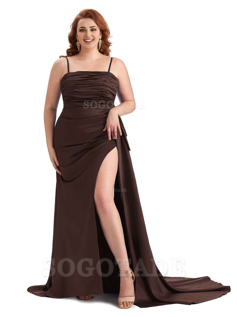 Sexy Side Slit Spaghetti Straps Mermaid Soft Satin Long Plus Size Bridesmaid Dresses Online