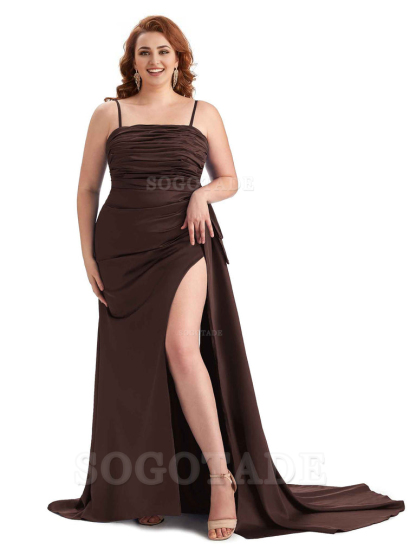 Sexy Side Slit Spaghetti Straps Mermaid Soft Satin Long Plus Size Bridesmaid Dresses Online