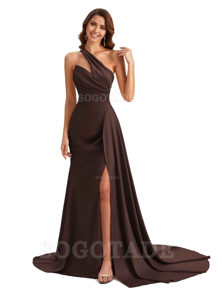 Mermaid One shoulder Satin formal dresses evening gown Bridesmaid Dresses With Side Slit 