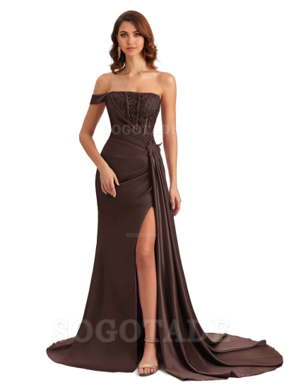Mermaid Off Shoulder Applique formal dresses evening gown Bridesmaid Dresses With Side Slit 
