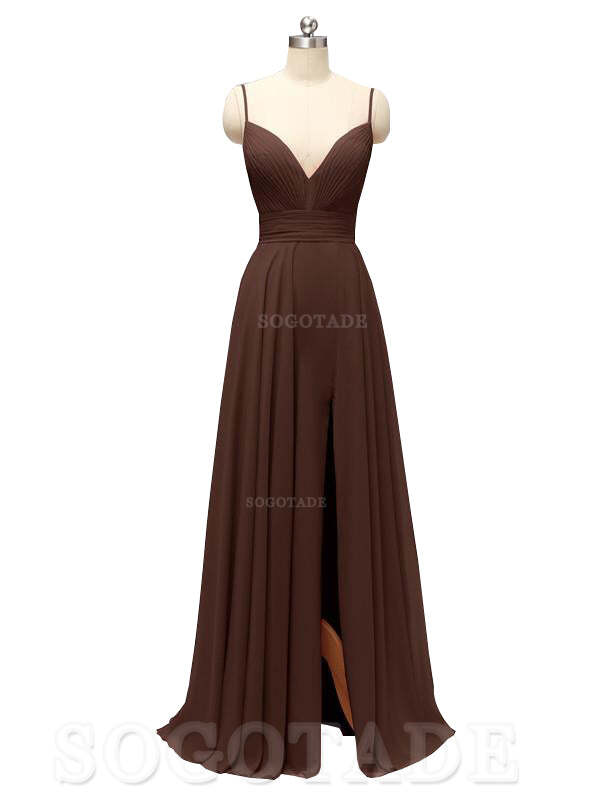 Honest Chiffon Spaghetti Straps Slit Long Bridesmaid Dresses prom shop dresses